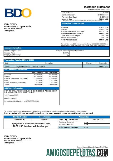 Declaração de hipoteca BDO das Filipinas em formato Word e PDF exemplo real
